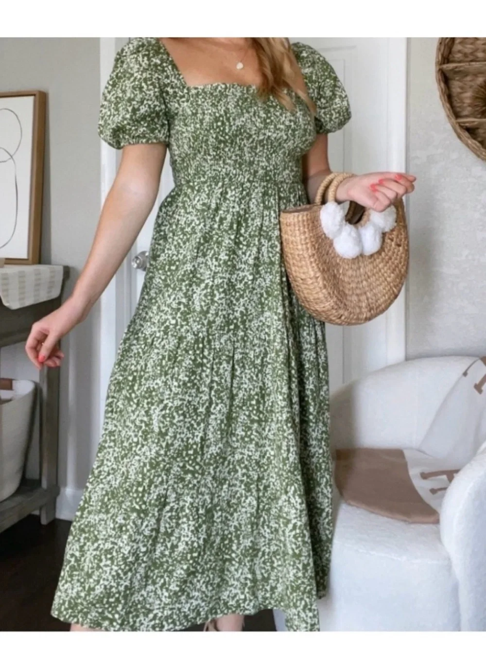 Abercrombie & Fitch Green & Ivory Puff-Sleeve Smocked Maxi Dress - Picture 8 of 8